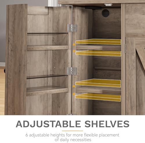 DWVO 71''H Pantry Cabinet with Drawer, Doors, Goblet Holder, Wine Rack for Storage, Pantry Cabinet with Power Outlet for Kitchen & Living Room (Grey Oak)