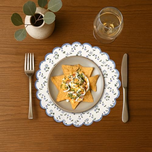 Ridhi Floral Block Print Round Placemats 15 Inch, Set of 4, Powder Blue
