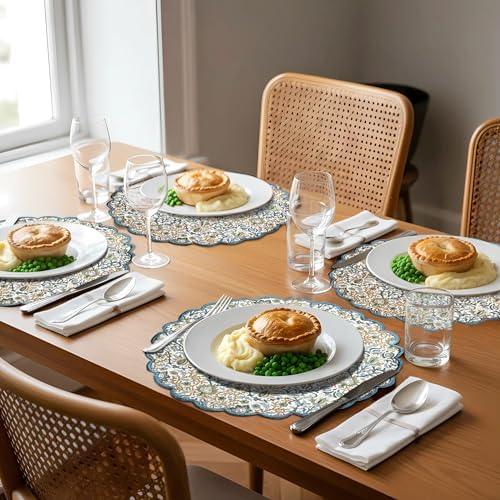 Ridhi Floral Block Print Round Placemats 15 Inch, Set of 4, Indigo