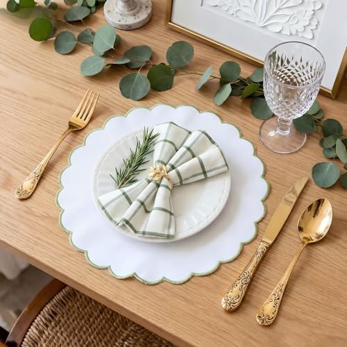 Set of 12 White Cotton Placemats 15" Round Scalloped Green