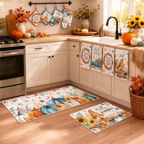 11 Pcs Fall Pumpkin Kitchen Decor Set, Blue Orange and White Rugs Towels