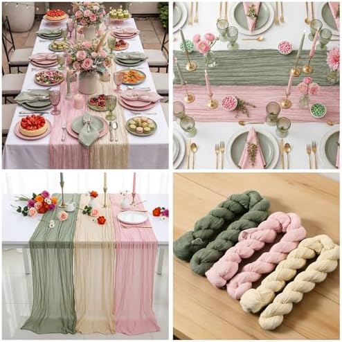 6pcs Sage Green & Pink Cheesecloth Table Runners 118" Boho Gauze