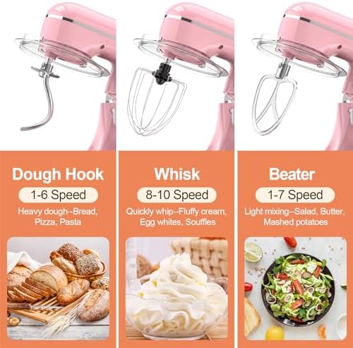 CEBORY 3-IN-1 Electric Stand Mixer, 6.5QT Bowl 660W 10-Speed Kitchen Mixer, Household Food Mixers include Dough Hook, Beater and Whisk, Bread Cake Mixer for Baking and Most Home Cooks, Pink