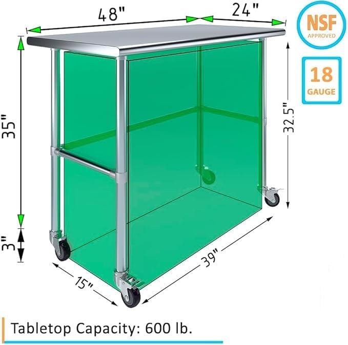 Mobile Metal Utility Prep Table | Heavy-Duty Commercial Work Station | NSF Certified (Stainless Steel Work Table Open Base + Casters) (48" Long x 24" Deep)