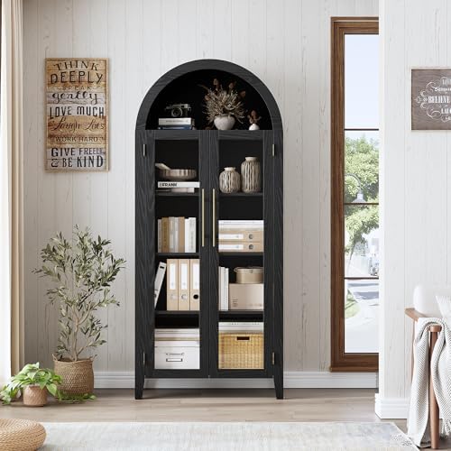 GarveeHome Arched Kitchen Pantry Cabinet - Farmhouse 5 Tier Display Shelf with Adjustable Shelf and 2 Large Glass Doors, Versatile Storage Cupboard for Kitchen, Dining Room, Living Room, Black
