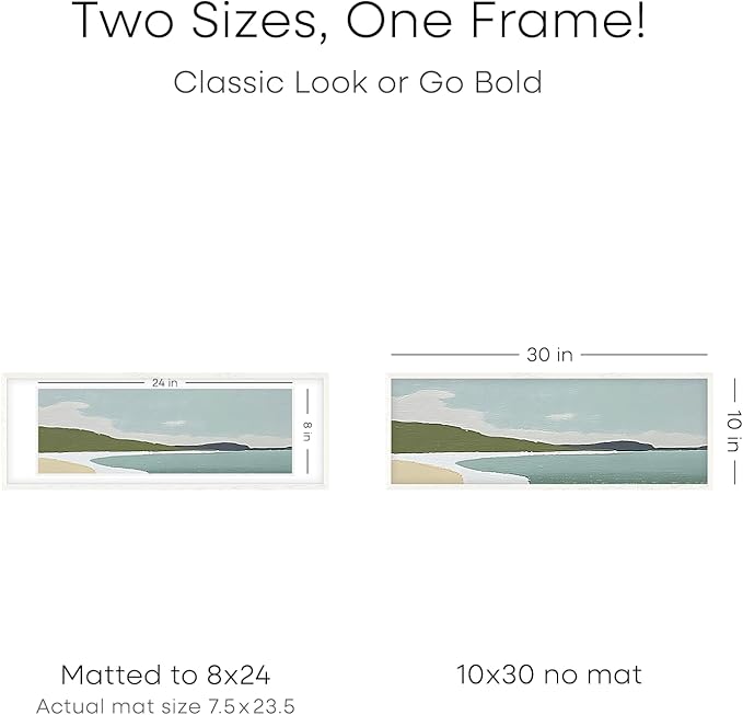 Homeforia 10x30 White Picture Frame, High End Oak 10x30 Wood Poster Frames with Mat 8x24 Print, 10 x 30 White Wooden Frames Matted to 8 by 24, 30x10 Panoramic Frame, Tempered Glass, Wall Kit, Set of 1