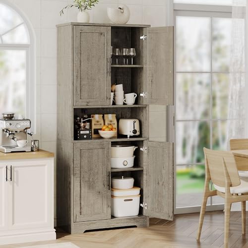70" Tall Pantry Cabinet, Kitchen Pantry Cabinet with Doors and Adjustable Shelves, Freestanding Cupboard, Tall Storage Cabinet for Bathroom, Dining Room, Living Room, Gray