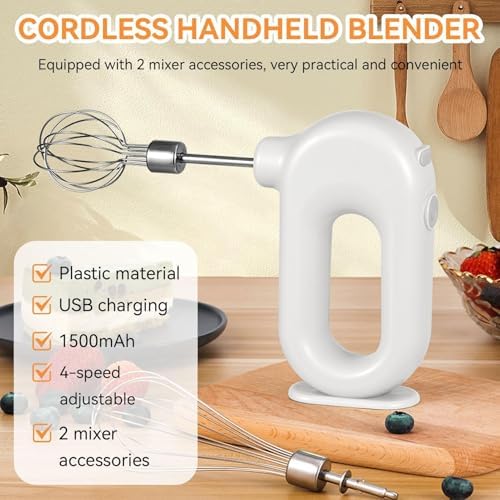Cordless Hand Mixer, Electric Hand Whisk Portable Egg Beater Handheld Egg Beater Electric Handheld 4 Speed Adjustable Mini Hand Mixer Electric Mixer, USB Charing, 1500mah(White)