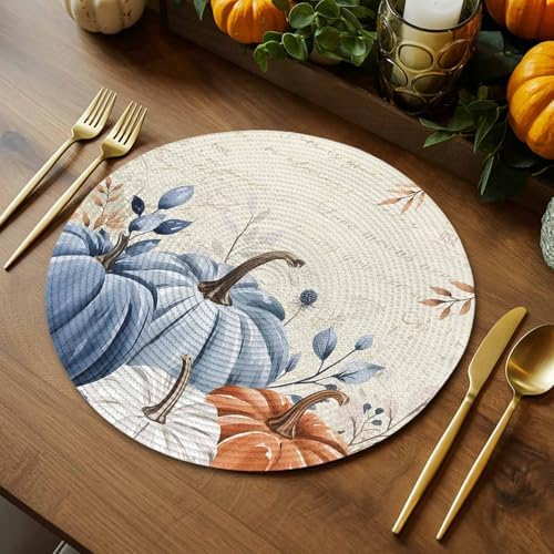 Fall Round Placemats Set of 8 Thanksgiving Blue Pumpkin Place Mats Washable Woven Placemat Autumn Eucalyptus Leaves Circle Braided Table Mat for Kitchen Dining Table Holiday Party Fall Decor 15 Inch