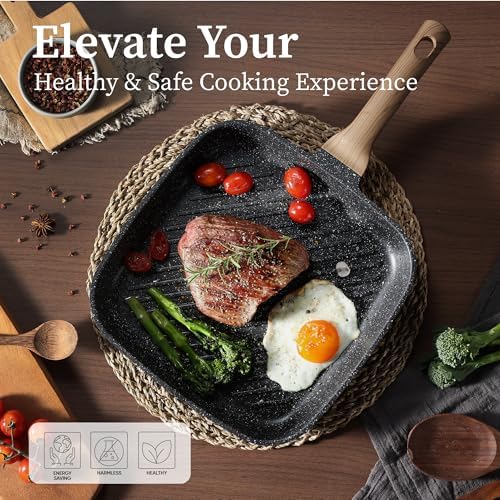 CAROTE 11 Inch Nonstick Grill Pan for Steak, Premium Granite Coating