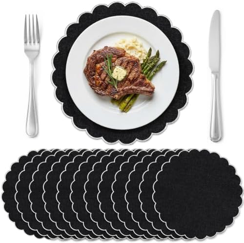 Set of 12 Black Cotton Placemats 15 Inch Round Scalloped Placemats,