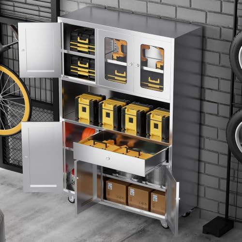 Stainless Steel Kitchen Pantry Cabinet with Drawer and Adjustable Shelves