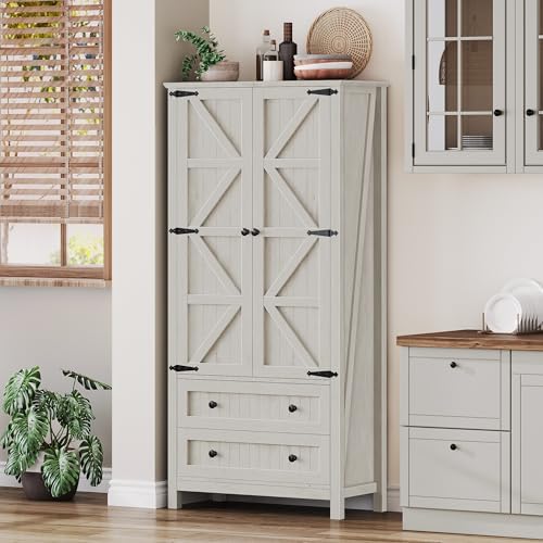 YITAHOME 64.5" Farmhouse Pantry Cabinet with 2 Drawers & Shelves, White