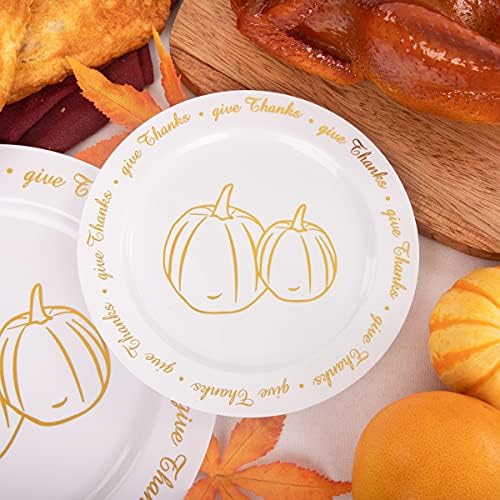 LIYH 175 Pcs Plastic Thanksgiving Plates Disposable Dinnerware sets, Thanksgiving Plates and Napkins, Gold Plastic Plate Napkins Fall Tableware 25 Guests
