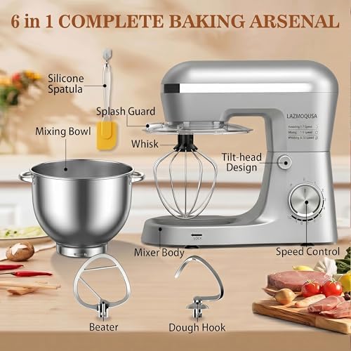 6in1 Stand Mixer with 6.5 Quart Bowl, 660W 10+p Speeds Kitchen Food Mixer Tilt-Head Bread Dough and Cake Mixers for Home Daily (Sliver)