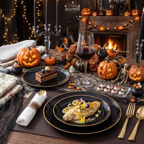 KIRE 350 PCS Black and Gold Plastic Plates - Plastic Dinnerware for Wedding