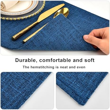 SLKQG Navy Linen Fabric Placemats Set of 6, Heat Resistant & Machine Washable Double-Layered Cloth Placemats for Dining Table, Indoor/Outdoor Use, Non-Slip Kitchen Table Mats (6, Navy)