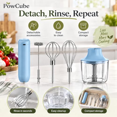Cordless Hand Mixer, 4-in-1 Handheld Electric Mixer with Electric Whisk Frother & 10 oz Mini Food Chopper, USB-C Rechargeable 4-Speed Hand Mixer for Eggs, Cream, Coffee & Small-Batch Prep