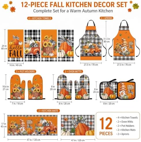 12 Pcs Fall Kitchen Decor Set, Plaid Orange Thanksgiving Kitchen Set