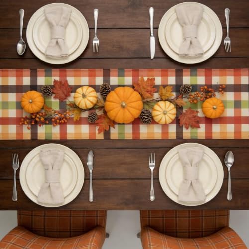 2 Pcs Fall Plaid Table Runner 72 X 13 Inch Thanksgiving Gingham Table Decor
