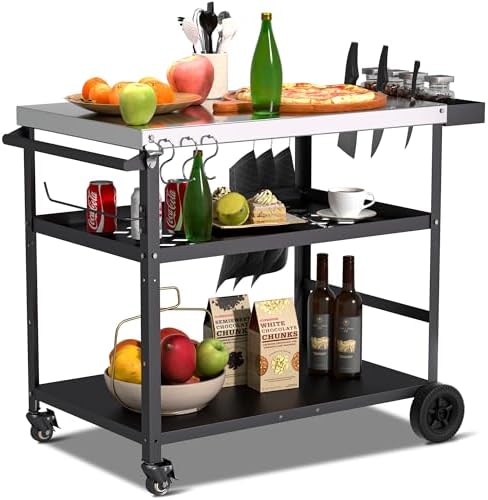 Spurgehom Outdoor Grill Cart, Pizza Oven Stand Table with Wheels