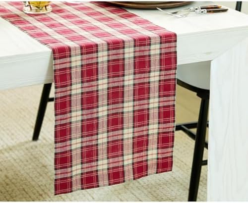Solino Home 100% Pure Linen Table Runner Burgundy Tartan Plaid, 14 x 132 in