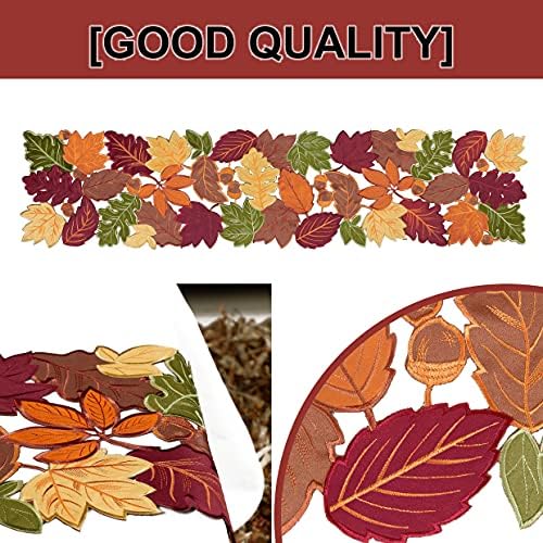 OWENIE Fall Table Runner - Thanksgiving, Farmhouse Embroidered Maple Leaves, 13 x 54 Inch, Orange