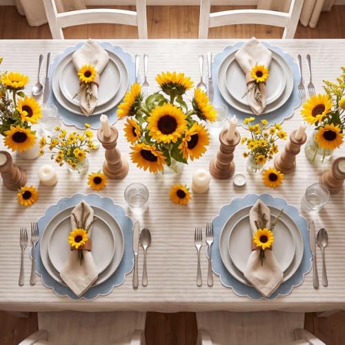 Set of 12 Gray Blue Cotton Placemats 15" Round Scalloped White