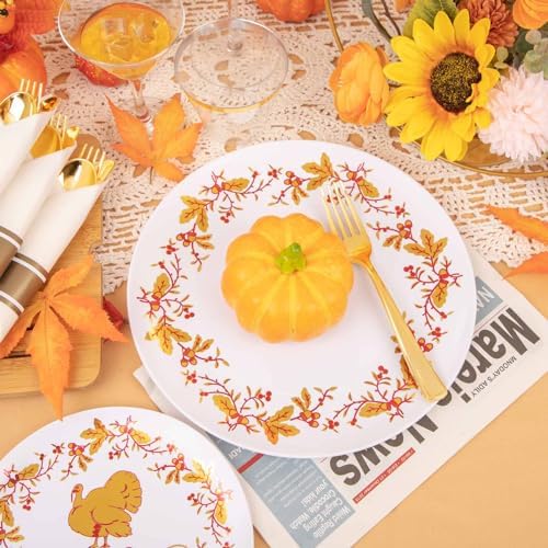 Ciaell 175PCS Thanksgiving Plastic Plate - Disposable Dinnerware Set - Gold Disposable Plastic Plates include 50Plates, 75Silverware, 25Cups, 25Napkins for Thanksgiving & Party