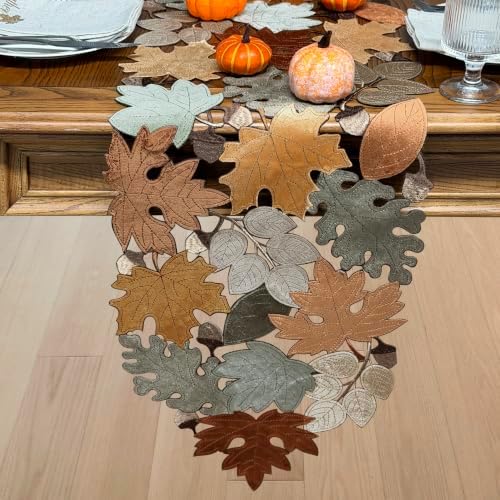 KEVA Fall Table Runner 120inches Long, Autumn Maple Leaves Velvet Table Runner 14x120 inch for Thanksgiving Kitchen Table Decoration, Harvest Embroidered Table Decoration