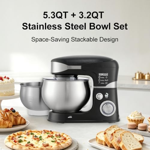 6-Speed 5.3QT+3.2QT Two-Bowl Stand Mixer, CHARCOAL BLACK