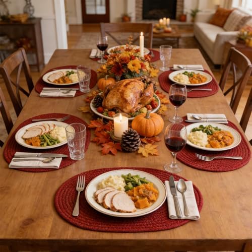 Oval Woven Placemats Set of 8 Heat Resistant Placemats 17 x 12 Inches Farmhouse Cotton Rope Place Mats for Dining Tables Trivets for Hot Dishes, Burgundy