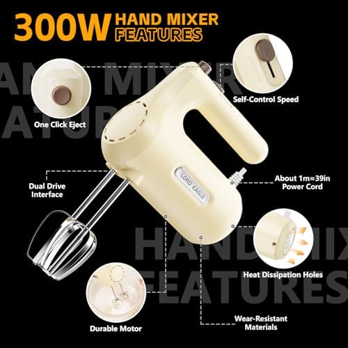 5-Speed Small Hand Mixer Electric, 300W Compact Portable, Cream