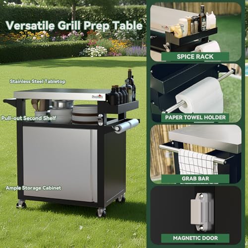 Stanbroil Rolling Grill Table Cart with Stainless Steel Cabinet & Tabletop