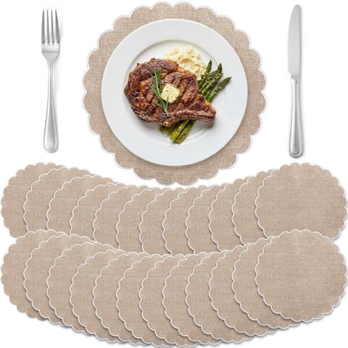Set of 24 Linen Boho Cotton Placemats 15" Round Scalloped White