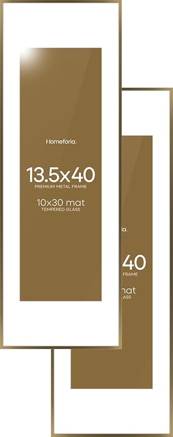 Homeforia 13.5x40 Panoramic Frame Bronze, High End Metal 13.5x40 Brass Picture Frames with Mat 10x30 Photo, 13.5 x 40 Poster Frame Matted to 10 by 30, 40x13.5 Frame, Tempered Glass, Wall Kit, Set of 2