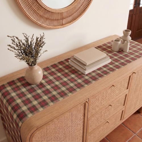 Solino Home 100% Pure Linen Table Runner Brown, Hunter's Plaid 14 x 48 in