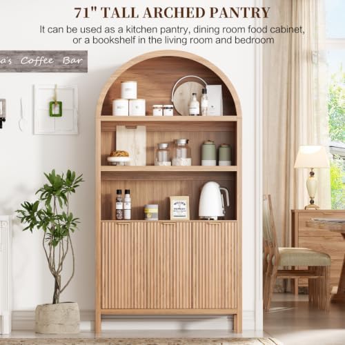 Ieejdn 71.34" Tall Arched Kitchen Pantry,Modern Fluted Wood Storage Cabinet with Doors,Adjustable Shelves,Organizer, Versatile Cupboard for Kitchen,Living Room,Dining Room,Bathroom,Natural