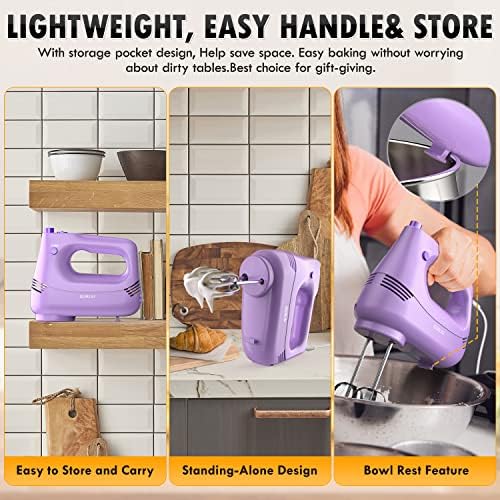 GUALIU Electric Hand Mixer, 304*(2* Beaters, 2* Dough Hooks), (1* Storage Bag) Handheld Mixer for Baking Cakes, Eggs, Cream Food Mixers, Turbo Boost /5 Speed Kitchen Blender PURPLE
