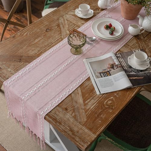 Niviy Table Runners 90 Inches Long with Tassels - Gifts for Her, Pink Boho Embroidered Table Runner Farmhouse Rustic Linen Runners for Wedding Party Baby Shower Home Decor (Pink, 12"×90")