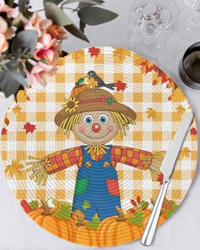 Fall Round Placemats Set of 6 Thanksgiving Scarecrows Crow Pumpkin Place Mats Woven Placemat Maple Leaf Orange Buffalo Plaid Circle Braided Table Mat for Kitchen Holiday Party Fall Decor 15 Inch