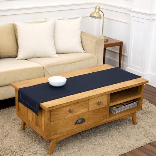 Solino Home Cotton Linen Table Runner Navy, Hemstitch Collection 14 x 60 in