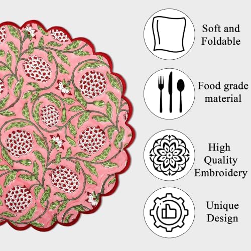 Ridhi Floral Block Print Round Placemats 15 Inch, Set of 4, Strawberry Pink
