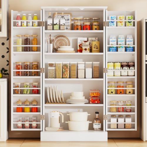 kepptory 47" Kitchen Pantry Cabinet, Freestanding Tall Storage Cabinet with Doors and Adjustable Shelves, Large Food Storage Organizer for Kitchen, Dining Room, Living Room, Farmhouse Cupboard, White