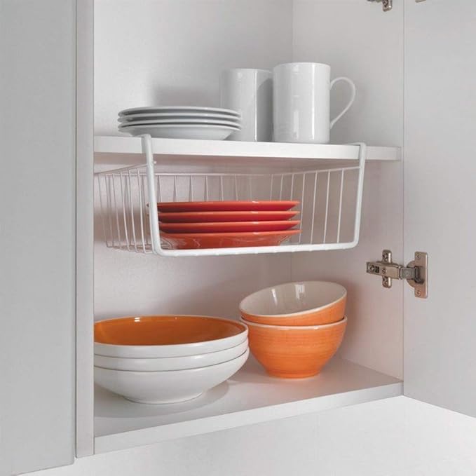 Modern Home Under Shelf Wire Storage Baskets – Hanging Organizer Rack for Cabinet, Pantry, or Closet – White Metal Basket for Kitchen, Towels, or Office – No Tools Required (Set of 2 10.25")