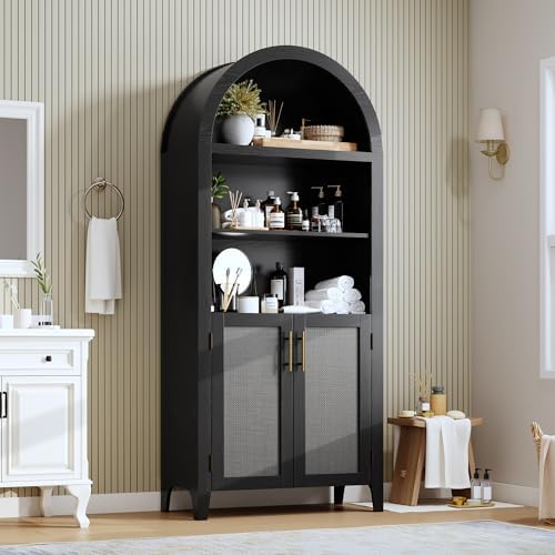 Arched Kitchen Pantry Cabinet with Doors, 5-Tier Open Display Shelf, Black