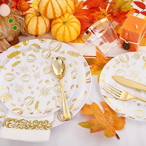 LIYH Gold Fall 175 Pcs Heavy Duty Plastic Thanksgiving Plates 25 Guests