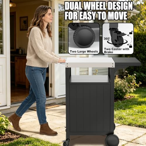 Outdoor BBQ Prep Cart with Storage, Foldable Side Table