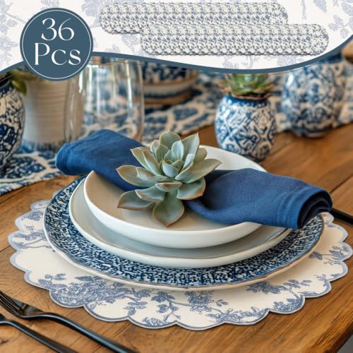 Set of 36 Blue Floral Cotton Placemat 15" Round Scalloped Navy Blue