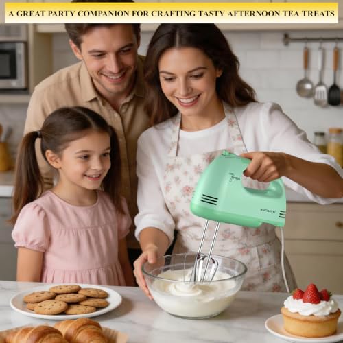 BAIGELONG Hand Mixer. 7-Speed Adjustable Kitchen Electric Mixer. With 5 Stainless Steel Attachments: 2 Hooks, 2 Beaters, 1 Whisk. Comes 1 Storage Box. Perfect for Bakers and New Starters, Green
